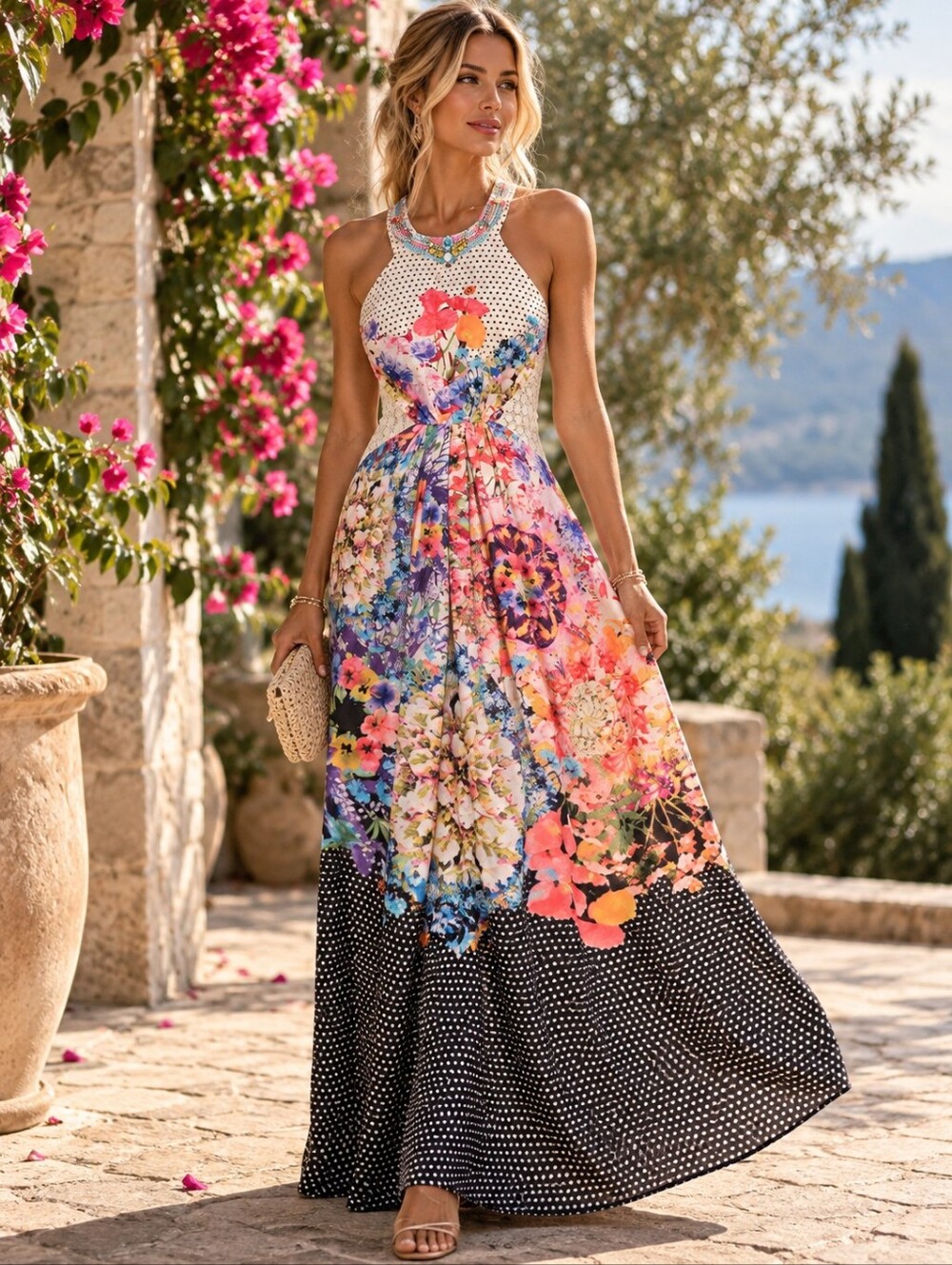 RANNA GILL Anthropologie Dress Womens Size 8 Floral Beaded Lace Maxi Boho Resort
